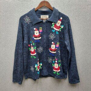 Vintage Tiara International Christmas Collection Womens Blue Santa Cardigan Swea